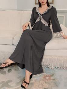 DAZY Romantic Ruffle Trim Waist Contrast Color Nightgown For Women, Fall Pajama