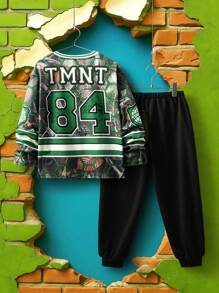 TEENAGE MUTANT NINJA TURTLES | SHEIN Tween Boy Cartoon Turtle Shell Numeral Print Grey-Green V-Neck Sweatshirt & Black Jogger Pants Sports Set - Army Green - View 2
