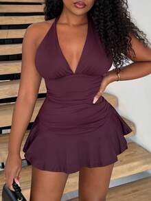 Alexandranx Xù Xù Hoa Sen Không lưng Halter Neck Romper - màu nâu - Xem 3