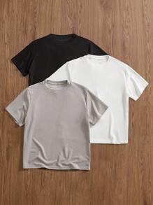 Manfinity VCAY 男士纯色圆领短袖休闲百搭T恤，夏季情侣装 - 黑色 - 查看 1