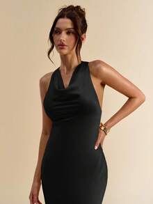 SHEIN BAE Women Summer Solid Yellow Spaghetti Strap Open Back Satin Dress - Black - View 7