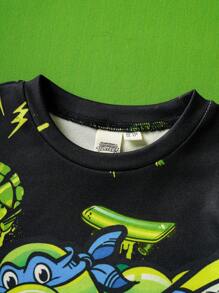 TEENAGE MUTANT NINJA TURTLES | SHEIN Young Boy Cartoon Turtle Pattern Black Tight-Fitting Long Sleeve T-Shirt & Pants Casual Pajama Set - Multicolor - View 9