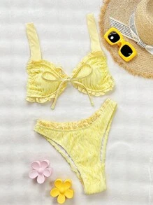 Bonvoyette Summer Solid Dobby Fabric Ruffle Bow Front Tie Cami Strap Cute Girl Casual Beach Bikini Swimwear Set For Women - Yellow - View 3