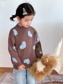 SHEIN Baby Girls' Casual Heart Pattern Drop Shoulder Sweater, Autumn/Winter - Multicolor - View 3
