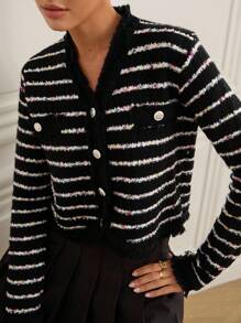 Revavyn Women's Striped Specialty Yarn Fringe Trim V-Neck Cardigan Fall Winter Cloth For Women - Multicolor - View 1