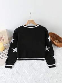 SHEIN Áo khoác len dệt kim Jacquard họa tiết thời trang cho bé gái tuổi mới lớn - màu đen - Xem 2