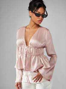 MISSGUIDED Empire Waist Blouse Ruffled Long Bell Sleeve V Neck Ruched Front Party Evening Holiday Elegant Dressy Spring Summer Light Fashion Top - Pink - View 1