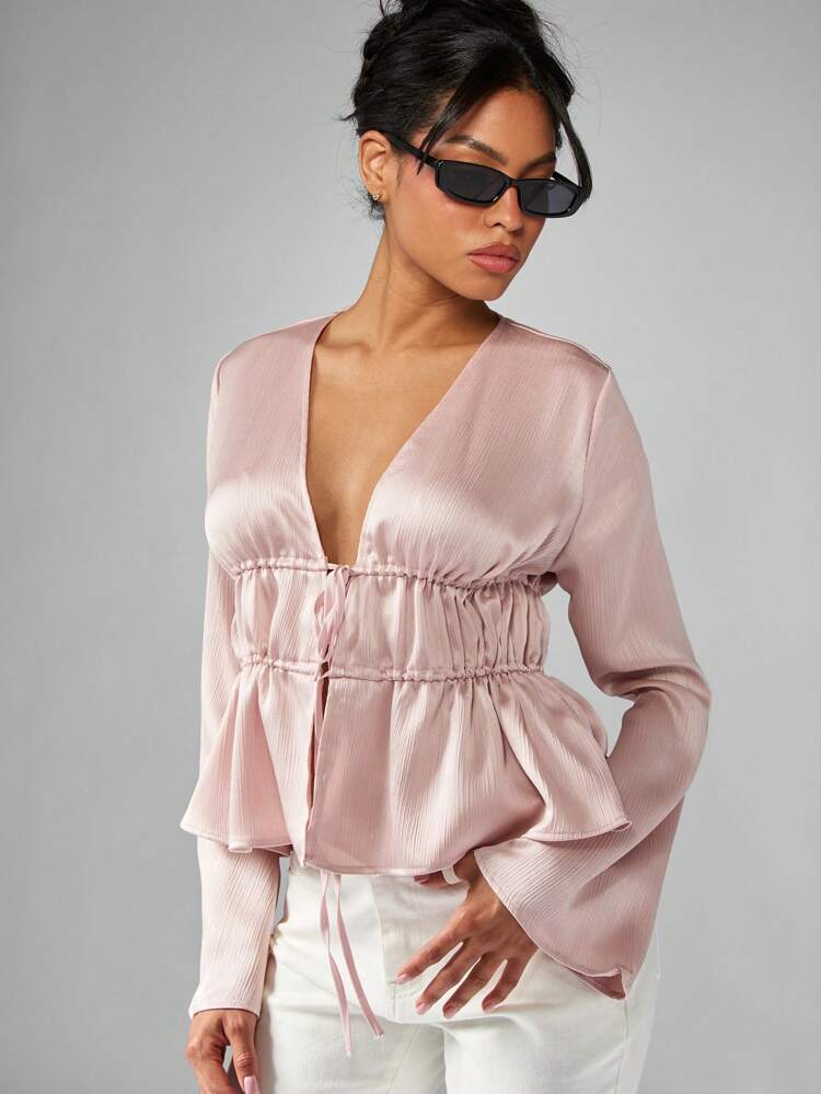 MISSGUIDED Empire Waist Blouse Ruffled Long Bell Sleeve V Neck Ruched Front Party Evening Holiday Elegant Dressy Spring Summer Light Fashion Top