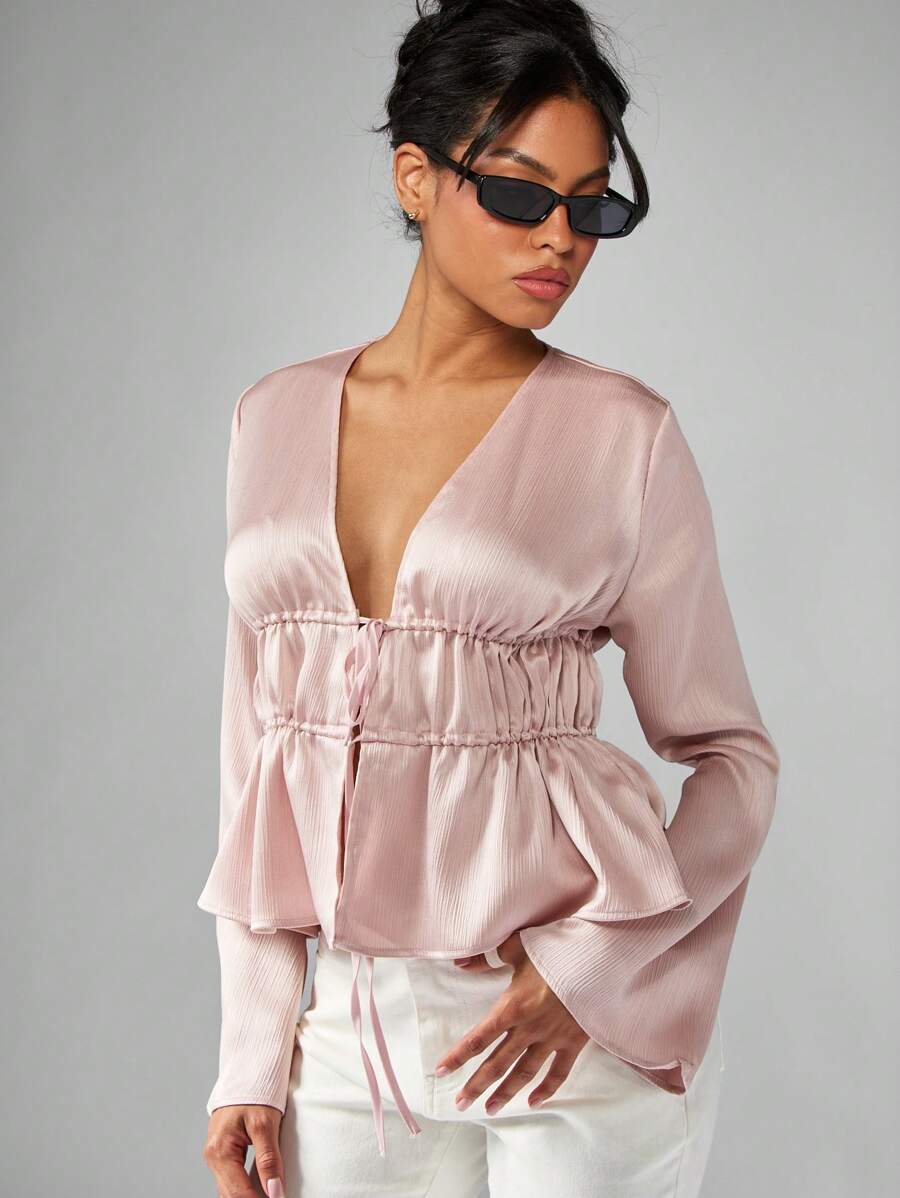 MISSGUIDED Empire Waist Blouse Ruffled Long Bell Sleeve V Neck Ruched Front Party Evening Holiday Elegant Dressy Spring Summer Light Fashion Top - Pink - View 1