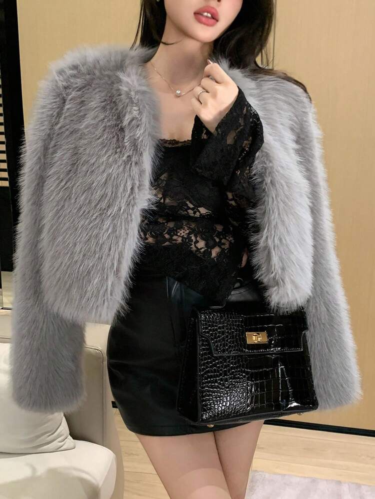 Women's Stylish And Elegant Faux Fur Front Open Short Coat For Autumn/Winter Jacket