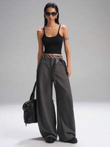 LYSMO 2025 新款女士休闲宽松弯刀西装裤，配条纹腰带，适合通勤和日常穿着，办公室，秋冬时尚简约 - 深灰色 - 查看 9