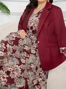 Modelyn Plus 1pc Single Button Blazer & 1pc Floral Print Dress In Fall/Winter - Burgundy - View 7