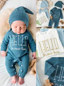 SHEIN 3pcs/Set Baby Boy/Girl Cute Simple Slogan Embroidered Long Sleeve Jumpsuits With Hats,Teal Autumn Matching Family Newborn Suits For 1 Month-2 Years - Multicolor - View 1