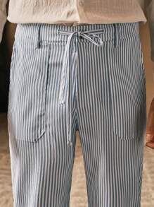 Manfinity VCAY Men's Casual Woven Striped Mid-Waist Tapered Pants - Blue and White - View 6