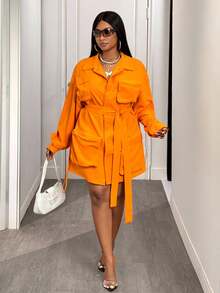 Slaydiva Áo khoác công sở/giải trí cổ điển kiểu phương Tây cổ điển thu đông 2025 mới, cỡ lớn dành cho nữ, tay dài, có cổ, vai trễ, nhiều túi, có thắt lưng, áo khoác tiện dụng màu cam mùa thu - trái cam - Xem 6