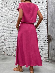 EMERY ROSE 2pcs/Set Women Vacation Casual Solid Color Shirt And Skirt - Hot Pink - View 2