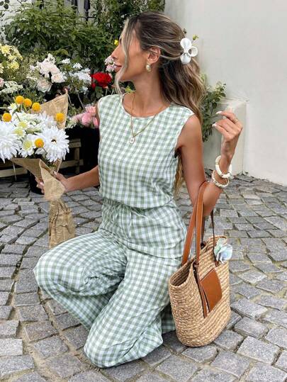 SHEIN LUNE Women's Plaid Waist Tie Sleeveless Casual Jumpsuit Summer Outfits For Women Beach Vacation Outfits Woman Office Outfits For Women