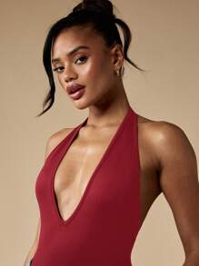 MISSGUIDED 深 V 领露背紧身衣无袖派对俱乐部晚会露背丁字裤紧身衣修身弹力夏季春季舞蹈服 - 酒紅色 - 查看 3
