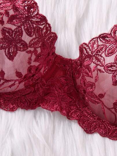 Elegante Bordeaux Kanten BH Mini Shorts Set Gorgeous Bloemen Lingerie view 5