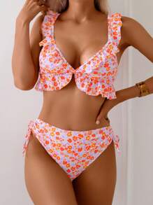 SHEIN Swim 2pcs Women Summer Floral Print Ruffles Tied High Waist Drawstring Cute Bikini Set - Multicolor - View 4