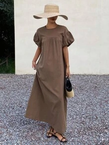 Livesso Vestido largo de verano para mujer con cuello redondo y mangas abullonadas - Café - Ver 4