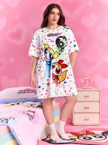 THE POWERPUFF GIRLS X SHEIN 大码女装夏秋Y2K清新修身可爱梦幻复古休闲度假风返校服学院风卡哇伊街头风宽松白色花朵、泡泡、毛茛图案爱心印花圆领短袖睡裙，哞哞睡衣 - 白色 - 查看 4