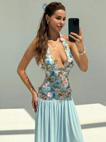 Aloruh 夏季度假婚礼派对露背系带紧身特殊面料长款 A 字型女式连衣裙 - 白色 - 查看 2