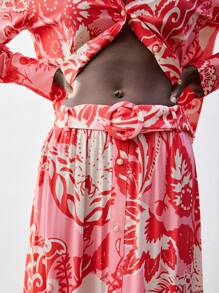 Maija 女式紫红色和淡黄色花卉植物印花半身裙（配腰带），春夏波西米亚风别致宽松 A 字形荷叶边下摆设计，舒适度假/节日、乡村音乐节、伊比沙岛，百搭百搭穿着 - 西瓜粉 - 查看 2