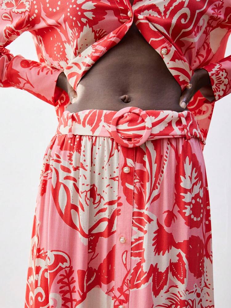 SHEIN Maija Women's Fuchsia And Pale Yellow Floral & Botanical Print Skirt With Belt, Spring/Summer Bohemian Chic Loose A-Line Ruffle Hem Design, Comfortable Vacation/Holiday, Country Music Festival, Ibiza, All-Match Versatile Wear All-Match Summer Clothing For All Seasons, Modern Holiday Fashion Design, Comfortable Beach Beach Clothing, Bohemian Style, Isabi Island Holiday Wear, Summer Dopamine Holiday Wear, Ins Same Style Holiday Style, Exotic Atmosphere, Country Concert, Western Style Clothing