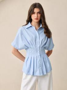 BizChic 女士蓝领腰部条纹束腰前扣肩袖衬衫衬衫，基本款城市通勤简约优雅时尚商务休闲，适合办公室、教师、婚礼嘉宾、音乐会 - 藍色 - 查看 4