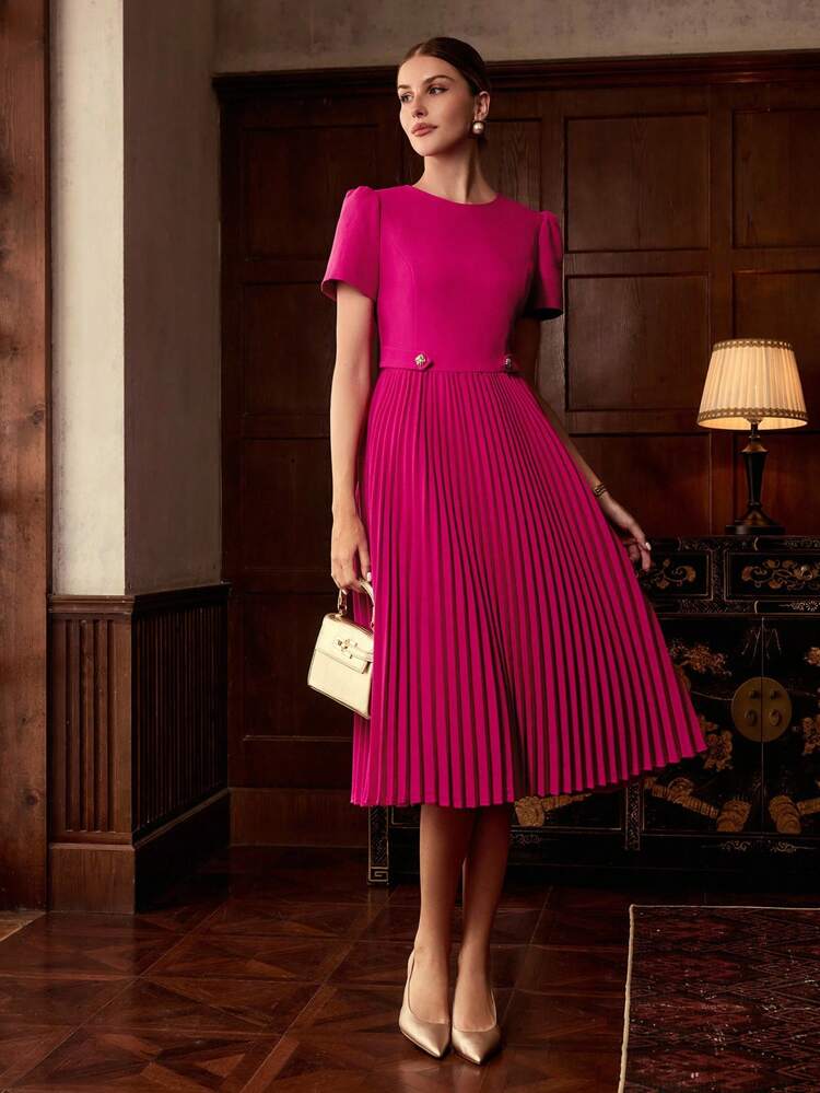 ZEYLAH SOLID PUFF SLEEVE PLEATED HEM MIDI DRESS , FALL WINTER