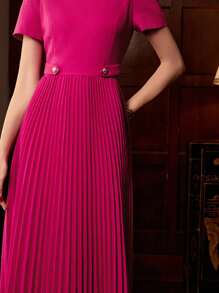 ZEYLAH SOLID PUFF SLEEVE PLEATED HEM MIDI DRESS , FALL WINTER - Hot Pink - View 4