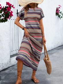 EMERY ROSE Women Fashionable Colorful Striped Short Sleeve Dress Maxi Women Outfit - Purple - View 5