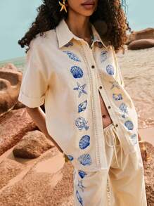 Poéselle 女式夏季海滩贝壳印花纽扣前短袖衬衫