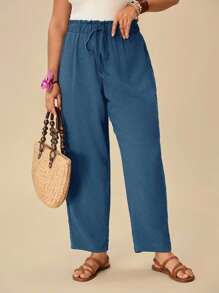 SHEIN VCAY 大码女式纯色荷叶边腰系带宽松休闲裤 - 藍色 - 查看 1