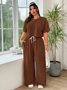 Solflare 2 件大码女式落肩上衣和裤子套装，休闲装 - 棕色 - 查看 5