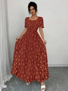 Elenzga 优雅度假休闲泡泡袖方领收腰修身长裙女装春夏 - 彩色 - 查看 4