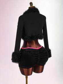 Amplova Solid Fuzzy Trim Open Front Crop Fall Clothes Women Jacket - Black - View 4
