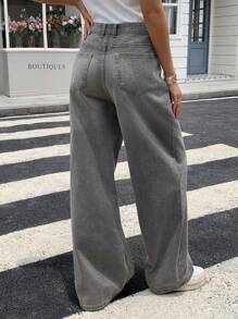 DAZY 新款秋季宽松休闲直筒女牛仔裤 - 灰色 - 查看 2