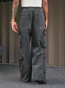 AXEPEAK 男士休闲街头水洗多口袋宽松牛仔工装裤 - 深灰色 - 查看 2