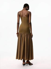 LYSMO Váy hai dây dài 2 trong 1 màu trơn đơn giản, viền bồng bềnh dành cho nữ mùa hè - Màu xanh Ô liu - Xem 2