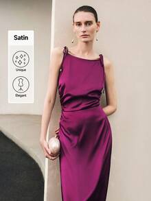 Uhlyne 女士休闲/派对/度假无袖葡萄紫色修身中长款紧身吊带连衣裙 - 中紫紅色 - 查看 8