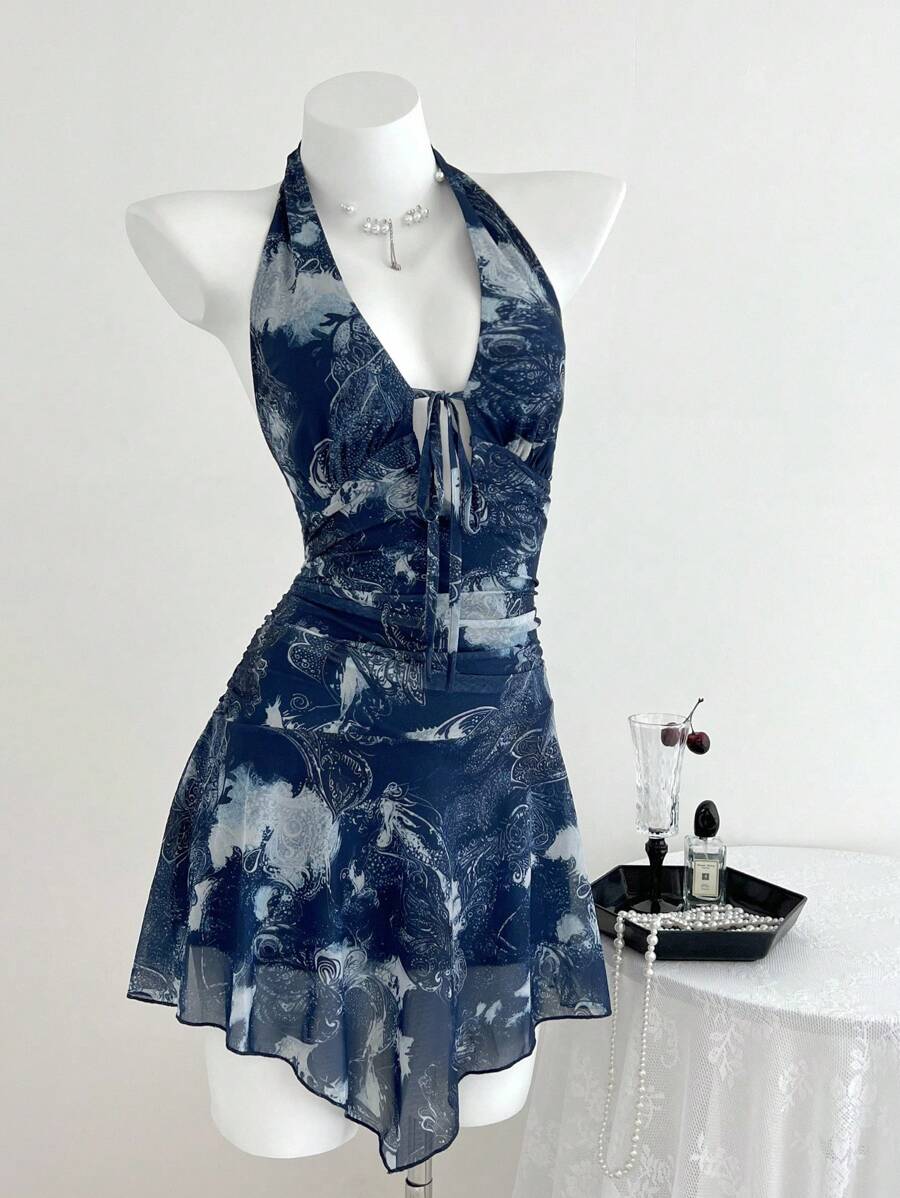 SHEIN Unity 海军蓝腰果印花低胸系带不对称下摆优雅女士度假夏装