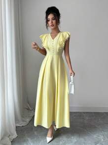 Modelyn Vestido de mujer con cuello en V estilo francés y mangas con volantes - Amarillo claro - Ver 3