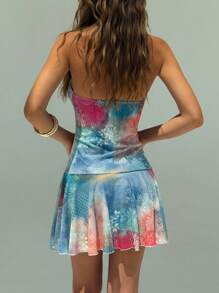 Aloruh Young Lady's Vacation Halter Neck Openwork Sexy Tie Dye Print Mesh Mini Dress, Spring/Summer - Multicolor - View 3