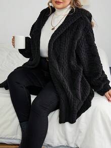 SHEIN CURVE+ Áo khoác hoodie len pha trộn họa tiết màu đen cỡ lớn dành cho nữ, dành cho mùa đông/thu/đông - màu đen - Xem 7