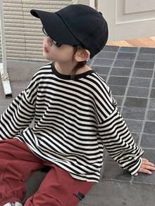 DAZY Toddler Boys' Casual Loose Fit Striped Round Neck Long Sleeve T-Shirt, Cool For Autumn