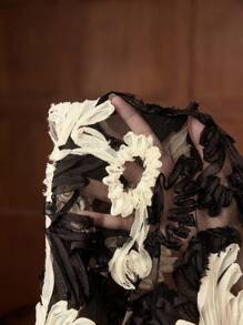 ZEYLAH 双色立体花朵蕾丝边开衩后背挂脖连衣裙 秋冬 - 黑色 - 查看 7