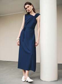 Uhlyne Vestido de verano de vacaciones en la playa para mujer, elegante y minimalista, adecuado para salidas, fiestas, bodas, ir al trabajo, de textura de algodón y lino azul marino, cintura con abertura y cordón, sin mangas, vestido de oficina, falda tipo A-line - Azul Marino - Ver 3