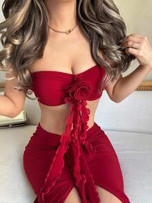 Jemour 夏季假日风格露肩开叉连衣裙和上衣两件套女士套装，非常适合约会 - 紅色 - 查看 3